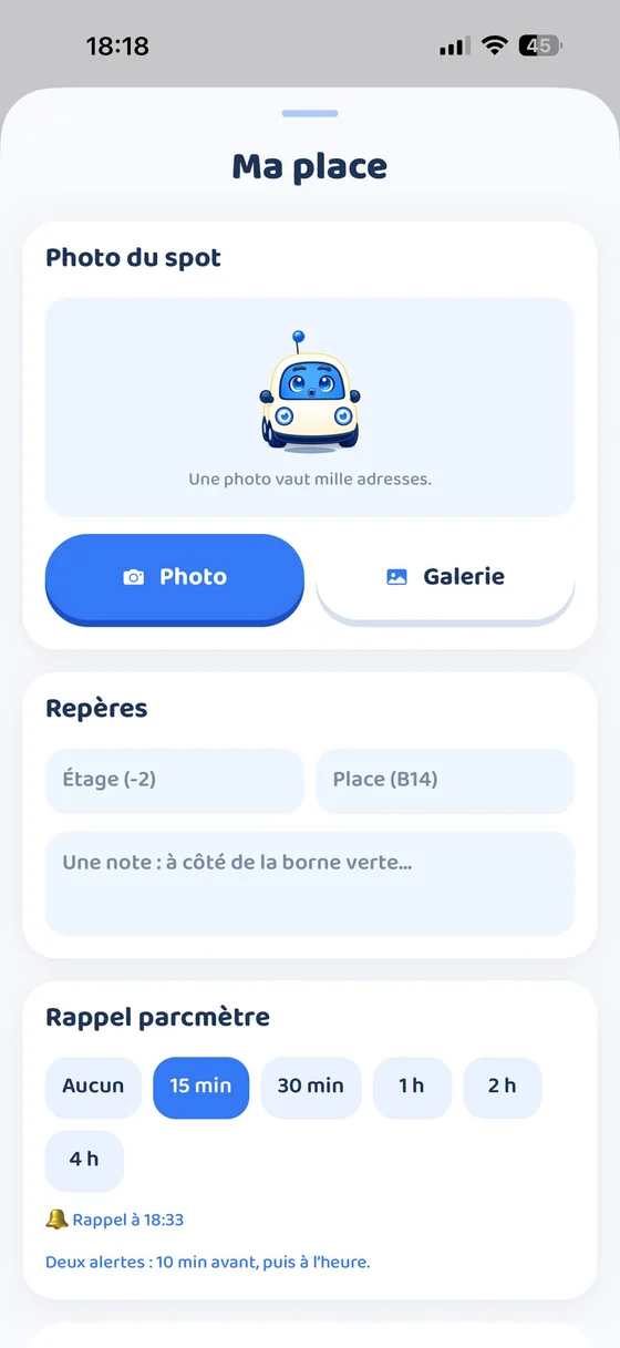 Spot card: photo, level, bay number and meter reminder