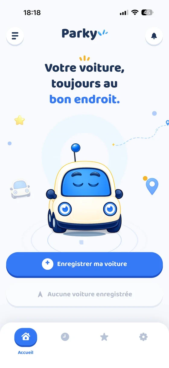 Parky home screen: the mascot and the save button