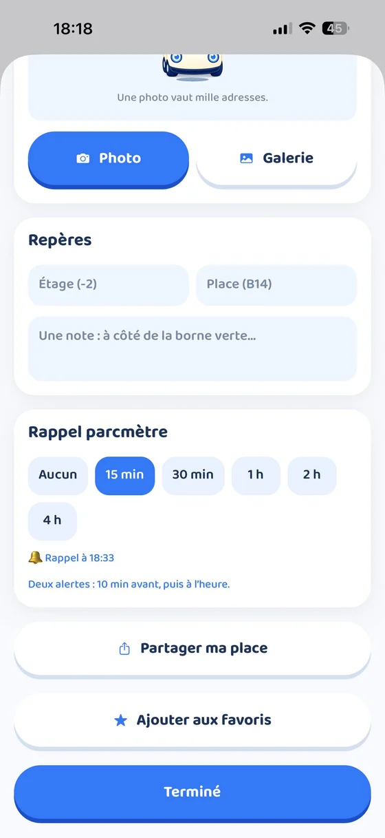 Options to share the spot and add it to favourites